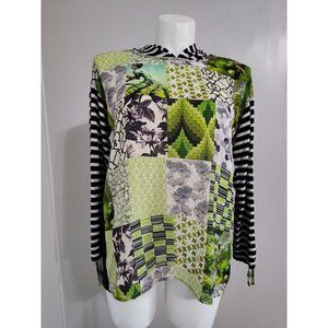 Sharon Young Mixed Media Tropical Stripe Ruched Sleeve Hooded Blouse Size M